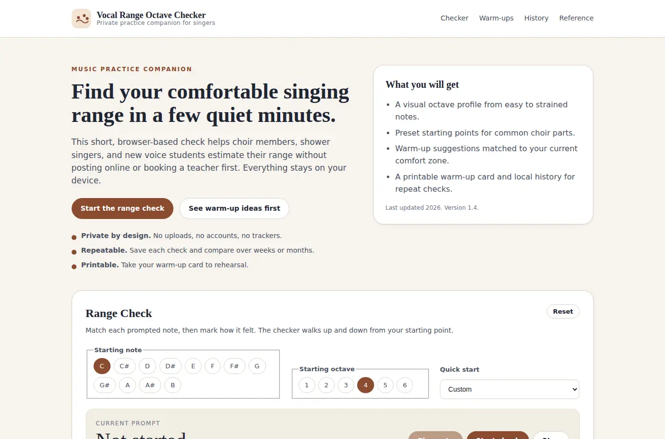Screenshot of Vocal Range Octave Checker interface showing the project page in use